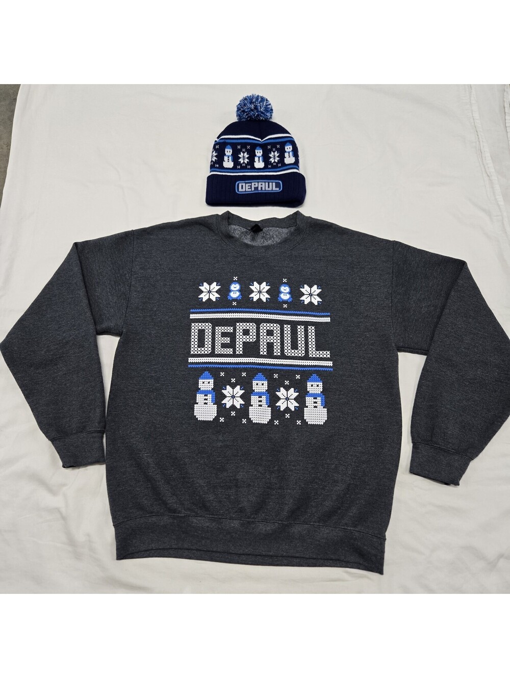 EUC Size M Depaul Blue Demons Snowman Beanie Cap Hat + Grey Sweatshirt Pullover